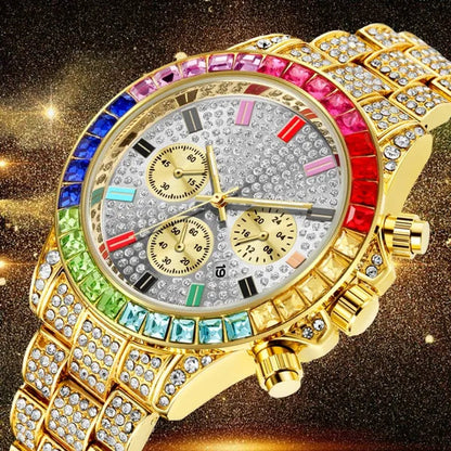 Men Watch Luxury Brand  Mens Gold men Watch Quartz Clock Chronograph colorful Diamond Steel Iced Out Watch Reloj Hombre