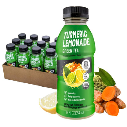 Still Turmeric Lemonade, Green Tea - Organic Superfood-Infused Sports Drink with Curcumin & Ginger - Antioxidants for Recovery and Immunity, 4G Sugar (12 Bottles)