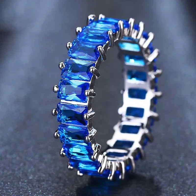 Silver Ring Colored Square Rainbow Ring Statement Crown Ring Natural Gemstones Ring Wedding Bride Engagement Band Charm Party Ring Jewelry