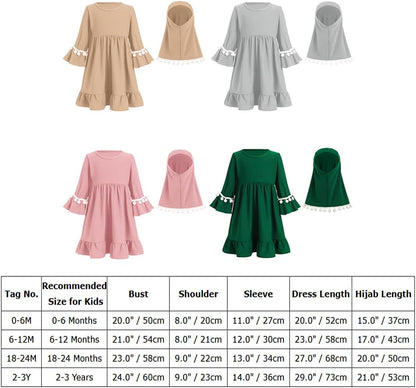 Newborn Infant Baby Girls Prayer Dress Muslim Clothes for Toddler Kids Long Sleeve Abaya with Hijab Two Piece Set