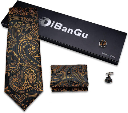 Mens Tie Set Silk Solid Paisley Necktie and Pocket Square Cufflinks Classic Formal Ties for Men Wedding Party