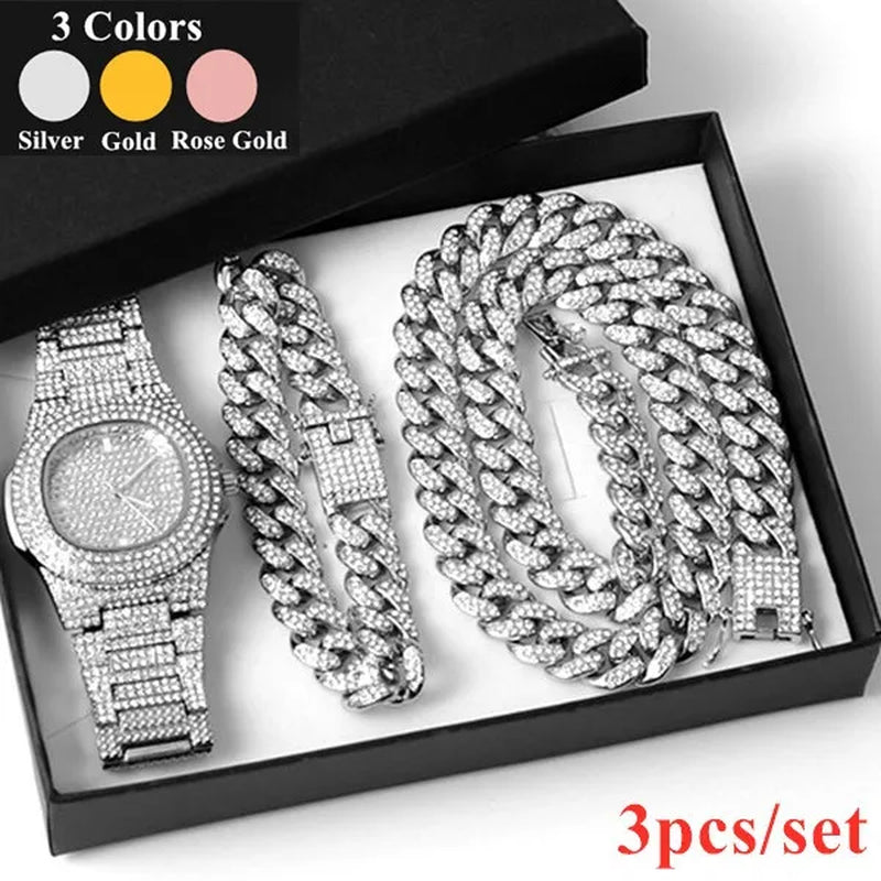 Hip Hop Iced Out Paved Rhinestones 13MM Full Miami Curb Cuban Chain CZ Bling Rapper Necklaces Bracelet Watch for Men Jewelry Set
