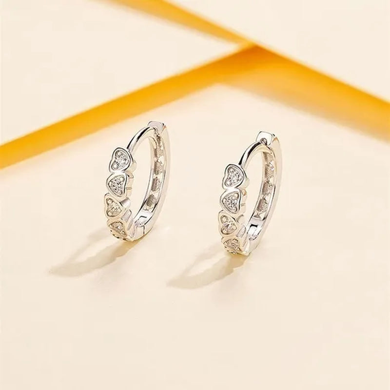 Women Fashion Cute 925 Sterling Silver Diamond Heart Shaped Hoop Earrings