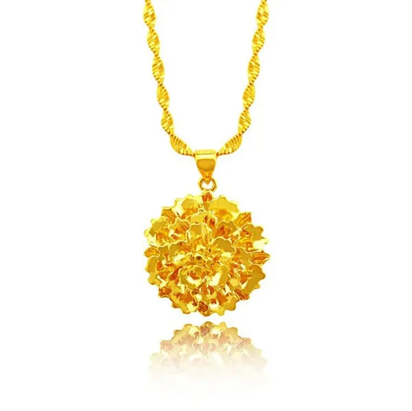 Women Wedding Jewelry Real 18 K Gold Flower Design Pendant Chain Necklace 16-30 Inch （Water Wave Chain）