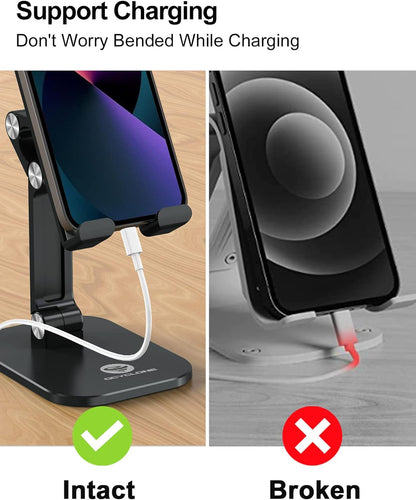 Phone Stand, Adjustable Height and Angle Foldable Cell Phone Stand Holder for Desk, Taller Iphone Stand Compatible with 4.7"-13" Smartphones Ipad Tablet, Black
