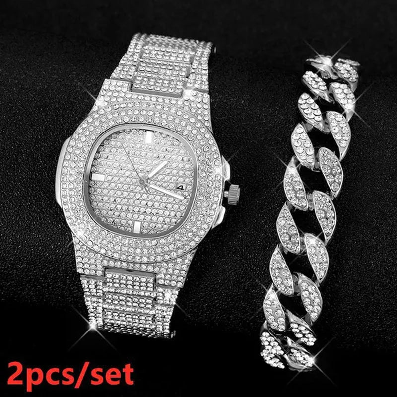 2 Pcs/set Luxury Full Iced Out Watch Mens Cuban Link Chain Bracelet Watch Bling Jewelry for Men Big Gold Chains Hip Hop Men Watch Set