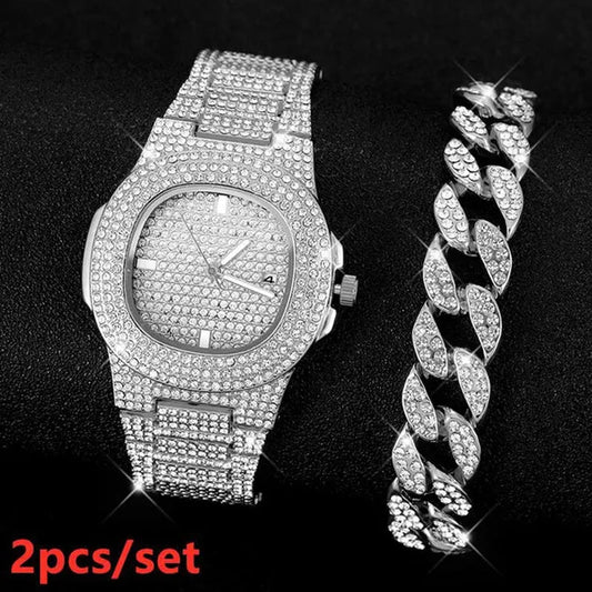 2 Pcs/set Luxury Full Iced Out Watch Mens Cuban Link Chain Bracelet Watch Bling Jewelry for Men Big Gold Chains Hip Hop Men Watch Set