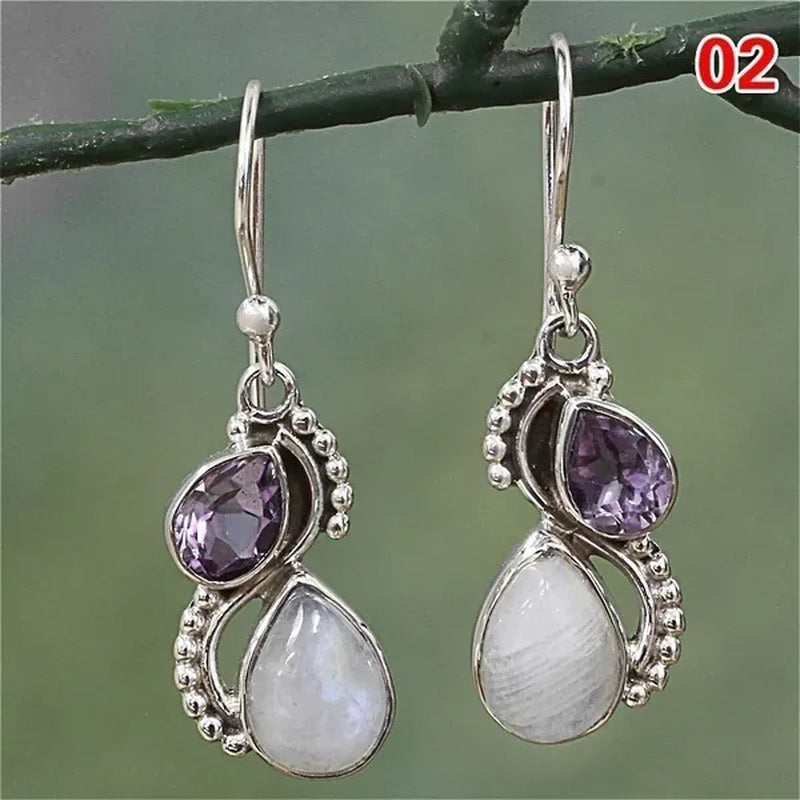 12Styles Vintage Earrings Rainbow Moonstone Earring Amethyst&Peridot&Pearl Dangle Earrings for Women Wedding Bridal Jewelry Gifts