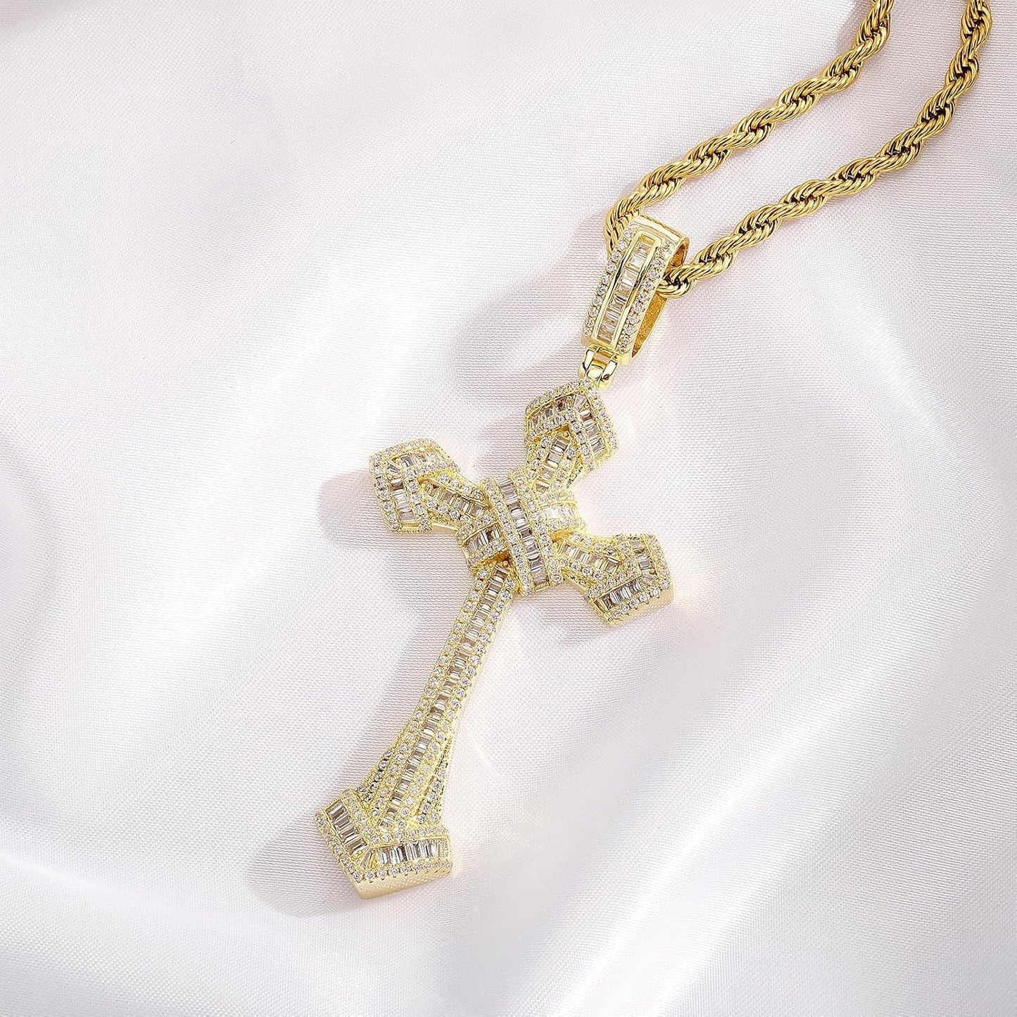 14K Gold over S925 Vintage Cross Pendant with Sparkling Pavé Moissanite – Distinctive Hip-Hop Men'S Necklace, the Beautiful Gift for Birthdays & Special Occasions,Father'S Day Gift