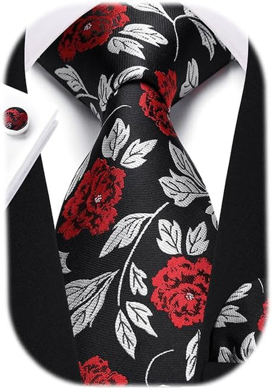 Ties for Men Floral Tie Handkerchief Cufflinks Set Formal Flower Classic Mens Necktie & Pocket Square Wedding