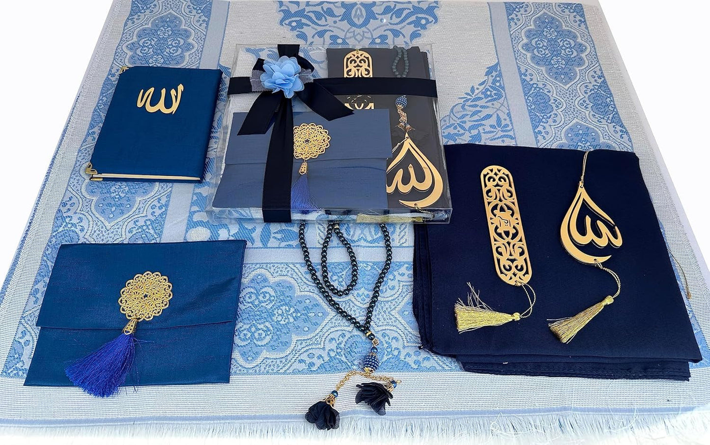 Muslim Prayer Rug, 7 in One Gift Set, Prayer Mat Surah Book, Tasbeeh, Scarf, Surah Case, Bookmark, Car Mirror Hanger, Prayer Beads,Islamic Gift for Umrah, Hajj, Wedding, Janamaz (Blue)
