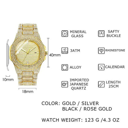 2 Pcs/set Luxury Full Iced Out Watch Mens Cuban Link Chain Bracelet Watch Bling Jewelry for Men Big Gold Chains Hip Hop Men Watch Set