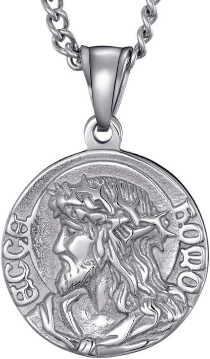 Mens Stainless Steel Crown of Thorns Head of Jesus Christ Pendant Necklace round Medal Prayer Coin Pendant with Link Chain