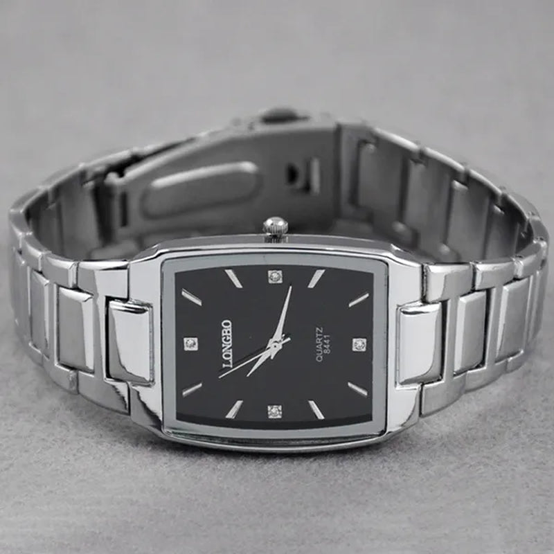 Fashion Men Stainless Steel Square Dial Quartz Wrist Watch Casual Diamond Bracelet Black White