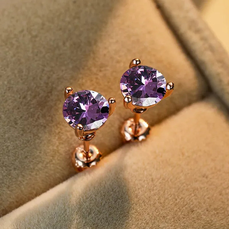Chic 18K Gold Three-Prong Martini Round Amethyst Stud Earrings Bride Wedding Engagement Jewelry Gifts 6mm/7mm/8mm
