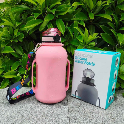 68 Oz Collapsible Silicone Water Bottles with Straw for Traveling/Running, Half Gallon Motivational Water Bottle Jug with Time Marker (Flamingo Pink)