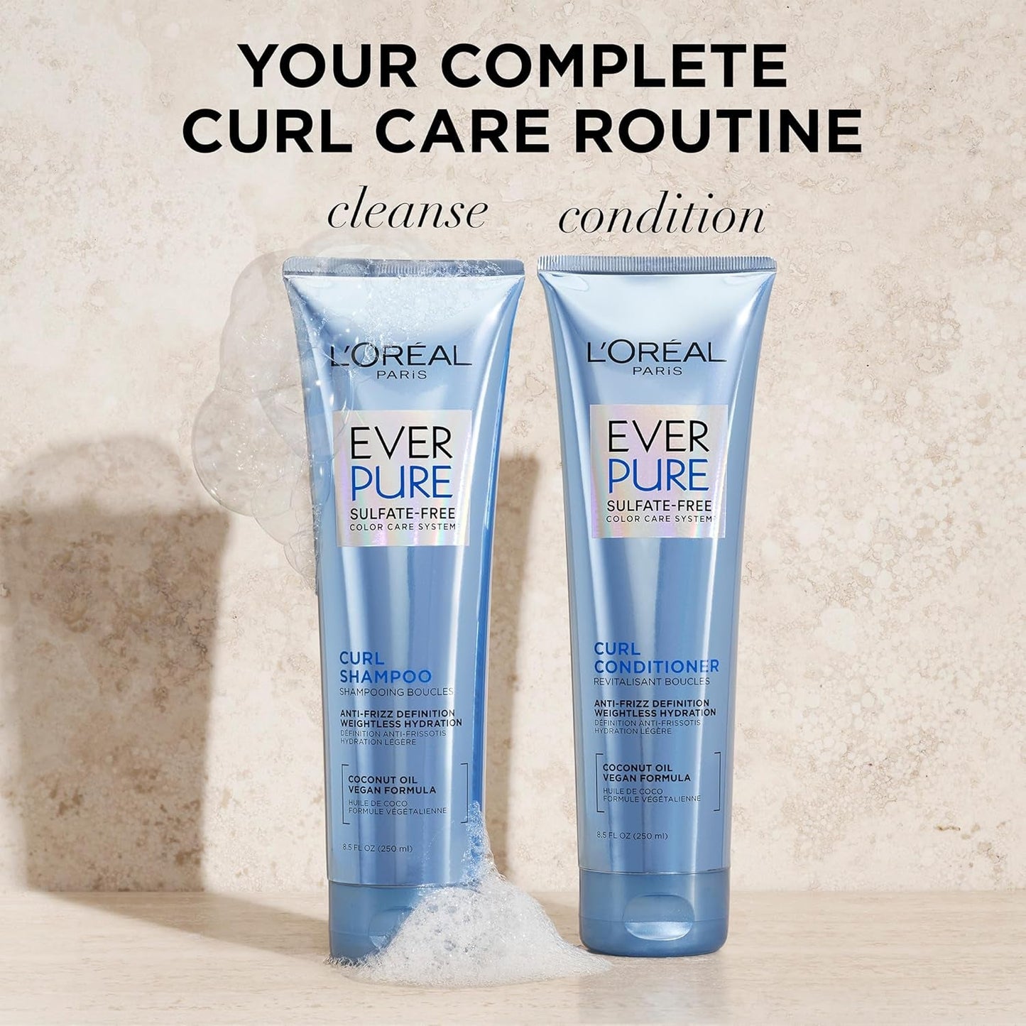 Sulfate Free Shampoo and Conditioner for Curly Hair, Lightweight, Anti-Frizz Hair Care with Coconut Oil, Everpure, 8.5 Fl Oz, Set of 2 (Packaging May Vary)