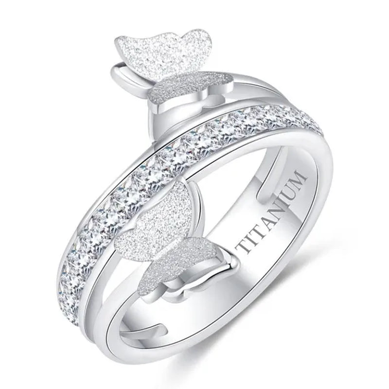 Women Titanium Eternity Ring Crystal Anniversary Butterfly Wedding Engagement Band Size 6-9