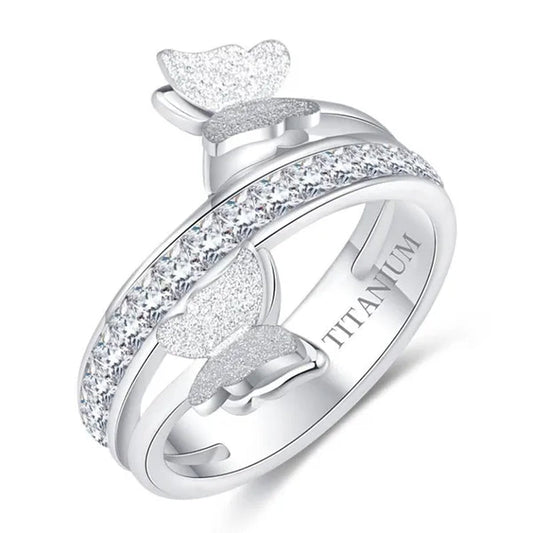 Women Titanium Eternity Ring Crystal Anniversary Butterfly Wedding Engagement Band Size 6-9