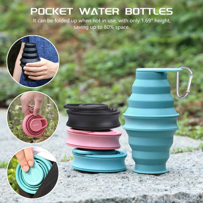 Collapsible Water Bottle,17Oz(500Ml) Reuseable BPA Free Silicone Foldable Water Bottles for Travel Gym Camping Hiking, Portable Leak Proof Sports Water Bottle with Carabiner