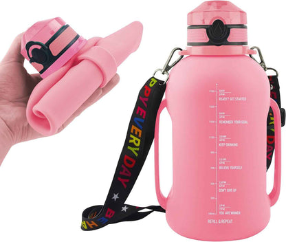 68 Oz Collapsible Silicone Water Bottles with Straw for Traveling/Running, Half Gallon Motivational Water Bottle Jug with Time Marker (Flamingo Pink)