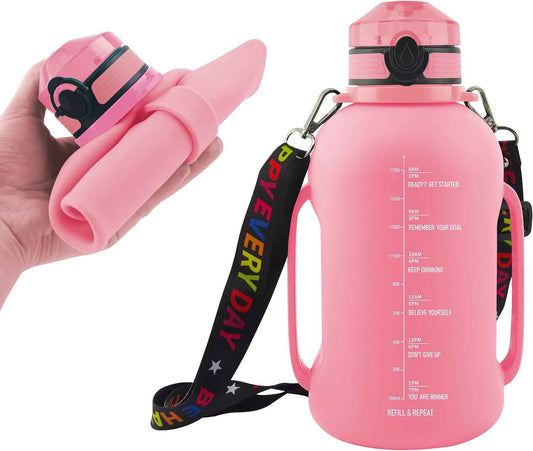 68 Oz Collapsible Silicone Water Bottles with Straw for Traveling/Running, Half Gallon Motivational Water Bottle Jug with Time Marker (Flamingo Pink)