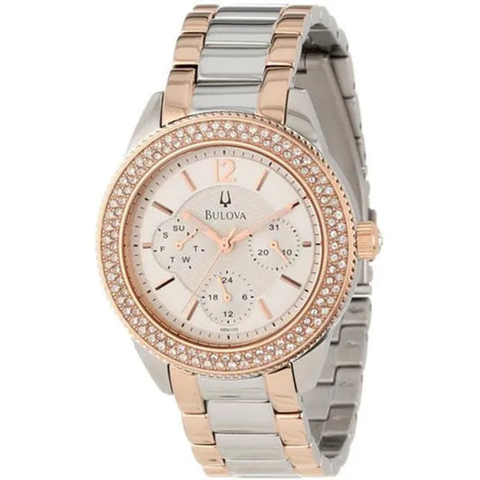 Bulova 98N100 Stainless Steel Case & Bracelet Rose Gold Tone Dial Displays Ladies Watch