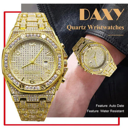 Mens Fashion Watches Luxury Gold Analog Watch Calender Man Hip Hop Bracelet Watch Diamond Quartz Wristwatches