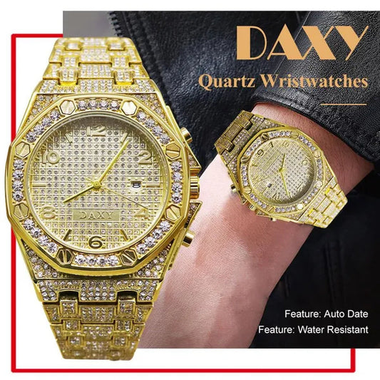 Mens Fashion Watches Luxury Gold Analog Watch Calender Man Hip Hop Bracelet Watch Diamond Quartz Wristwatches