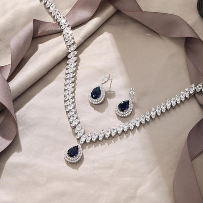 Women'S CZ Marquise-Shaped Leaf Teardrop Pendant Necklace Earrings Set Silver-Tone