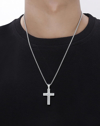 Cross Necklace for Men Stainless Steel Crucifix Pendant Silver White Gold Yellow Black Jesus Christ Plain Simple Women Fine Jewelry Gifts, 24 Inches Rolo Chain, Zirconia, Polished, Rope