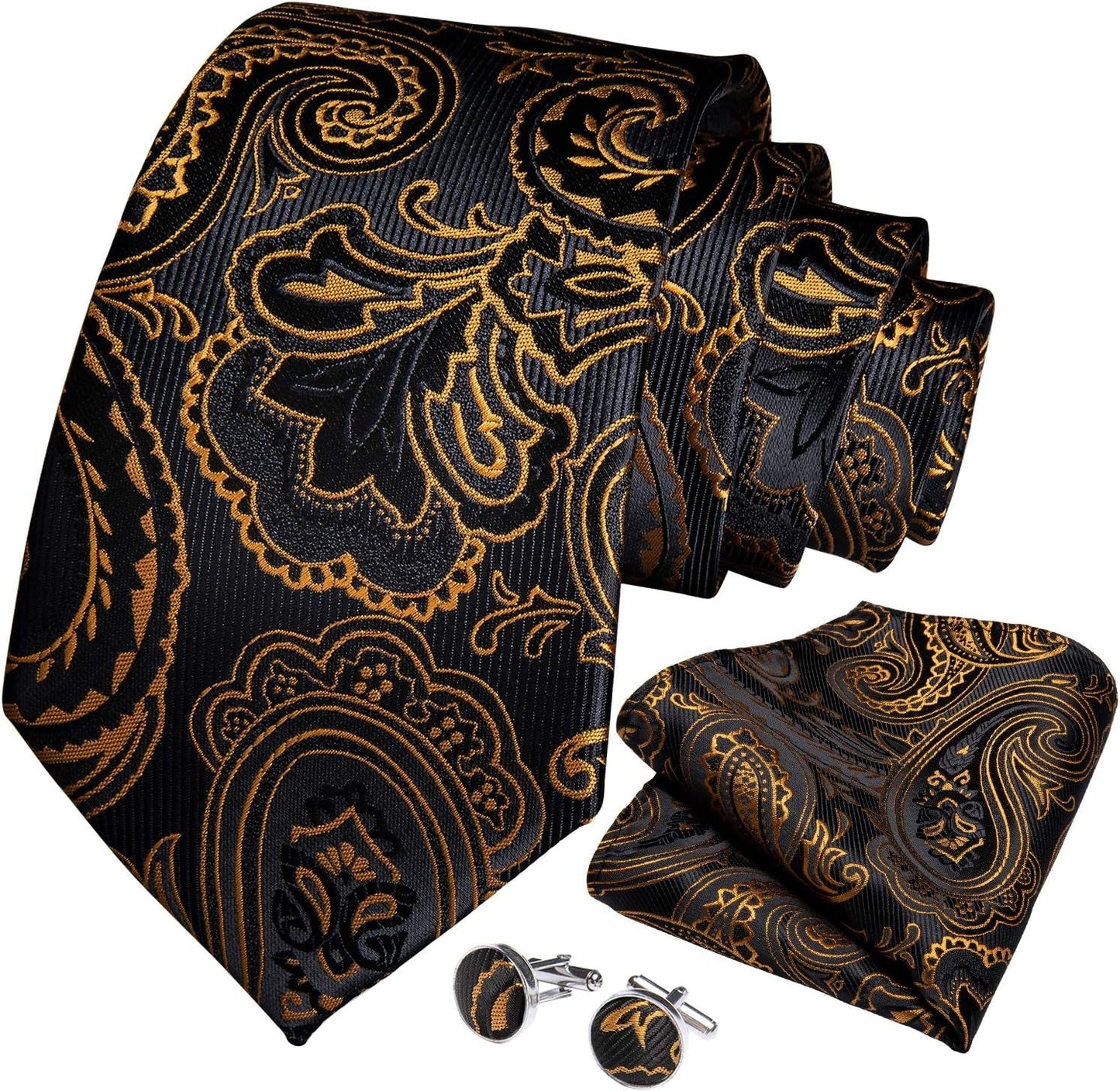 Mens Tie Set Silk Solid Paisley Necktie and Pocket Square Cufflinks Classic Formal Ties for Men Wedding Party