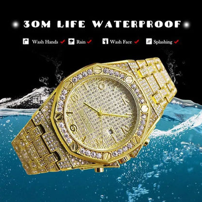 Mens Fashion Watches Luxury Gold Analog Watch Calender Man Hip Hop Bracelet Watch Diamond Quartz Wristwatches
