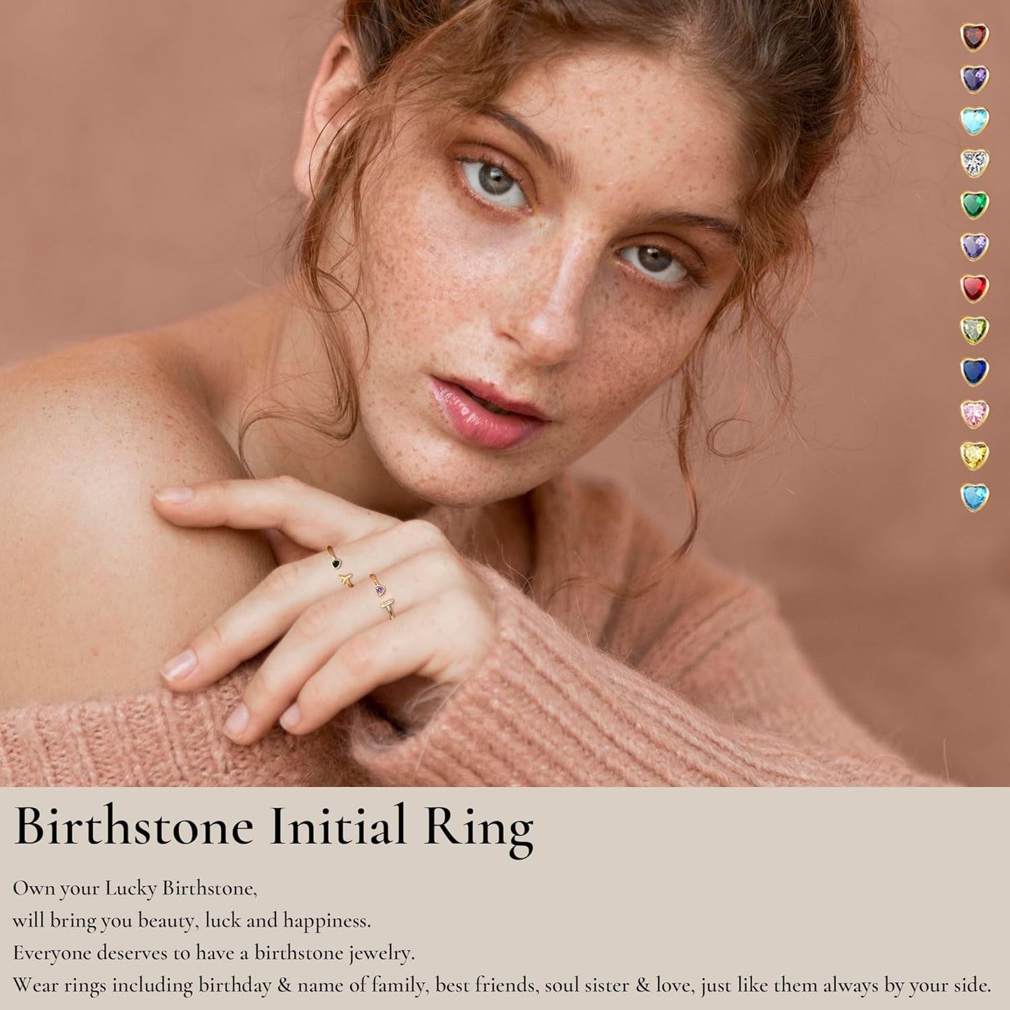 Birthstone Rings for Women 26 A-Z Initial Ring Adjustable 14K Gold Ring Birthday Gifts for Her Rings for Teen Sister Bridesmaid Gifts Dainty Letter Jewelry