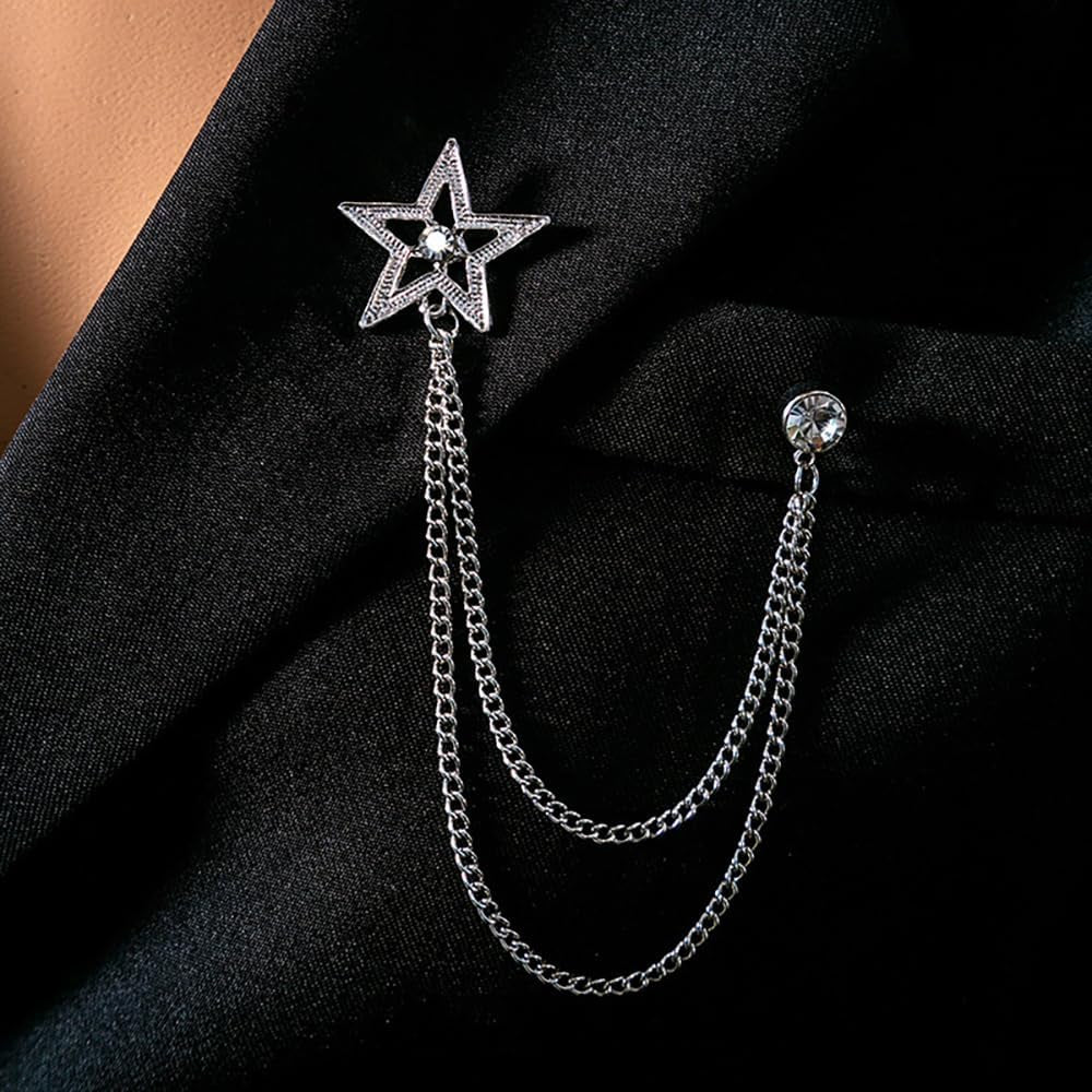 Vintage Star Long Chain Lapel Brooch Pin with Hanging Tassel Rhinestone CZ Button Pins for Women Men Suit Dress Tuxedo Tie Shirt Jacket Backpack Jewelry Gifts for Bridegroom