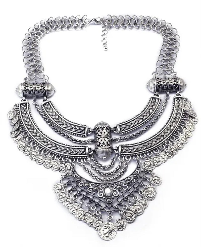 Vintage Silver Gold Chains Fine Jewelry Coins Tassel Choker Necklace Women Big Flower Moon Statement Necklace