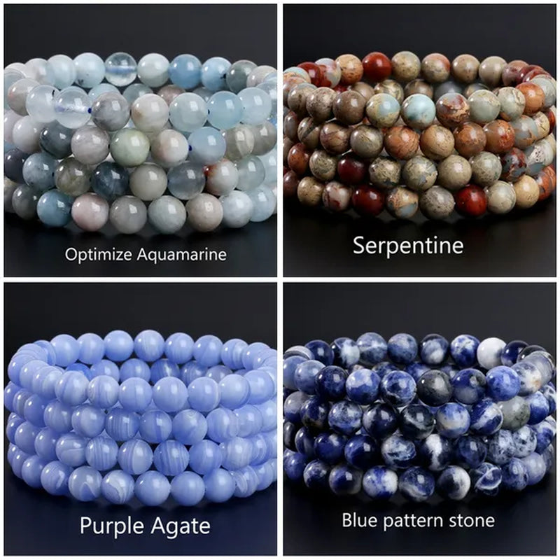 8mm Tiger Eye/Amethyst/Aquamarine/Agate/ Gemstone Bracelet Round Beads Stretch Bracelet Handmade Chakra Healing Stone Jewelry for Women Men Girls