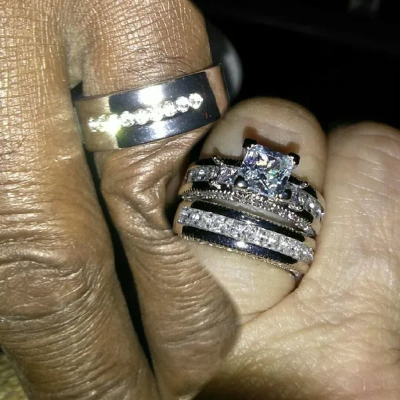 YOHAPP NEW Fashion Couple Rings Set Jewelry - Men's 8mm 316L Stainless Steel Titanium Ring and Women's Three Stone Princess Cut 1CT Diamond   Silver  Bridal Wedding Engagement Band Ring