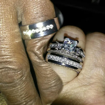 YOHAPP NEW Fashion Couple Rings Set Jewelry - Men's 8mm 316L Stainless Steel Titanium Ring and Women's Three Stone Princess Cut 1CT Diamond   Silver  Bridal Wedding Engagement Band Ring