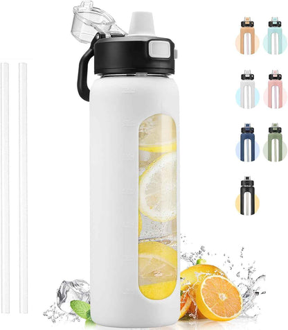 Water Bottle with Straw and Carry Handle, Glass Water Bottle 24 Oz Leak Proof Locking Lid with Soft Silicone Spout, Small Clear Water Bottle, Travel Sports Water Jug, Time Marker, White