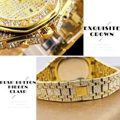 Mens Fashion Watches Luxury Gold Analog Watch Calender Man Hip Hop Bracelet Watch Diamond Quartz Wristwatches