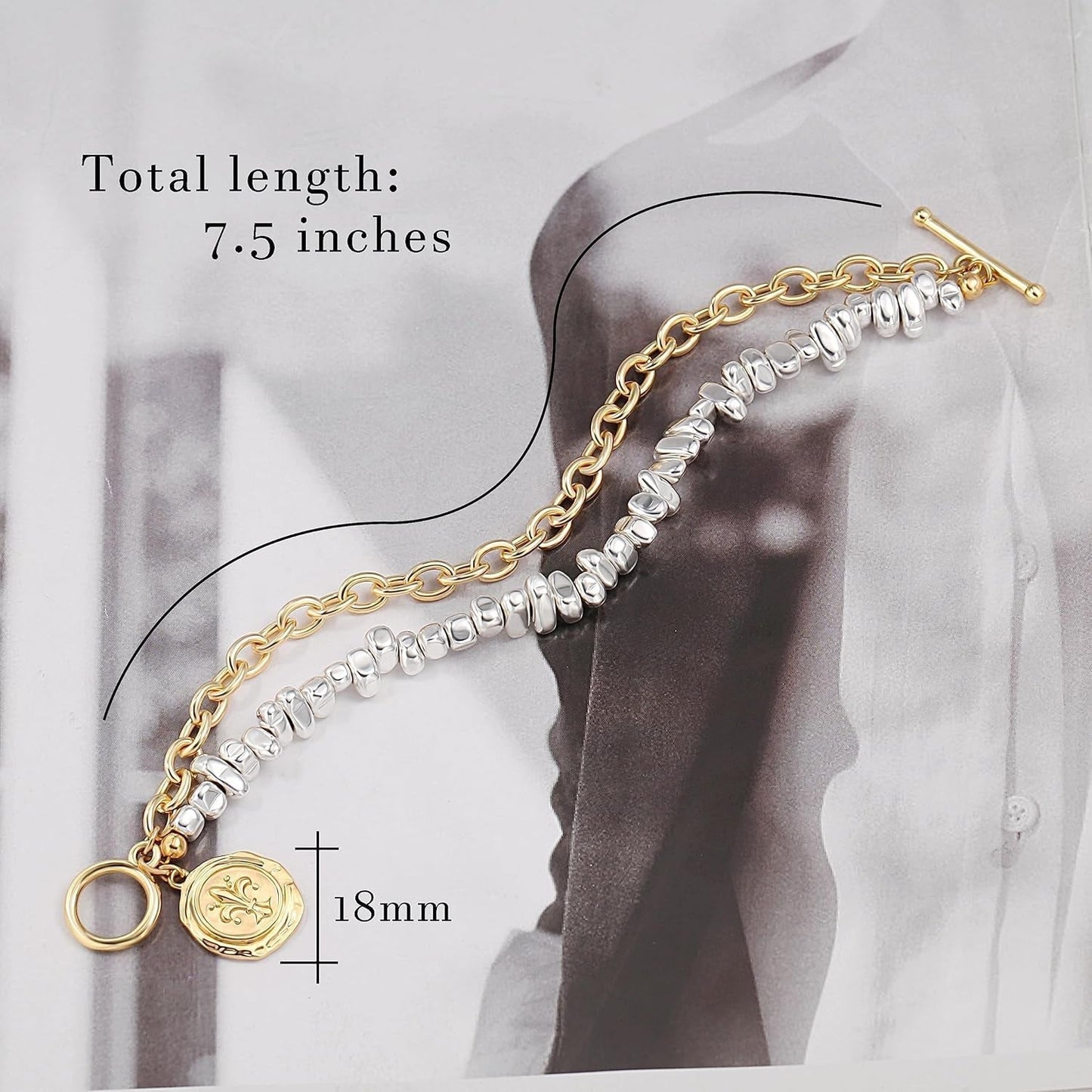 18K Gold Chain Layerd Bracelet Coin Charm Toggle Bracelet Trendy Cubic Zirconia Jewelry