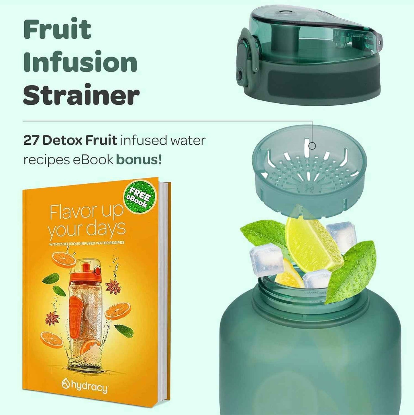 Water Bottle with Time Marker -Large BPA Free Water Bottle & No Sweat Sleeve -Leak Proof Gym Bottle with Fruit Infuser Strainer & Times to Drink -Ideal for Fitness Sports & Outdoors