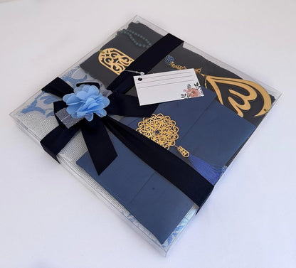 Muslim Prayer Rug, 7 in One Gift Set, Prayer Mat Surah Book, Tasbeeh, Scarf, Surah Case, Bookmark, Car Mirror Hanger, Prayer Beads,Islamic Gift for Umrah, Hajj, Wedding, Janamaz (Blue)