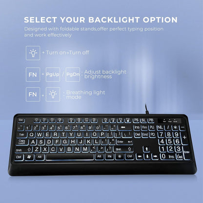 Large Print Backlit Keyboard, Quiet USB Wired Computer Keyboard, Full Size Keyboard with White Illuminated LED Compatible for Windows Desktop, Laptop, PC, Gaming, Black