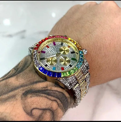 Men Watch Luxury Brand  Mens Gold men Watch Quartz Clock Chronograph colorful Diamond Steel Iced Out Watch Reloj Hombre
