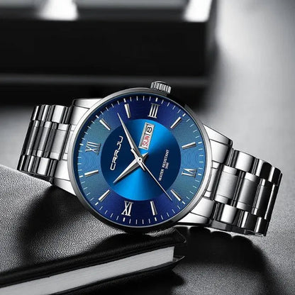 CRRJU Men's Minimalist Leisure Luxury Automatic Dating Watch Fashion Business Japanese Movement Quartz Waterproof Watch Men's Silver Stainless Steel Watch Band