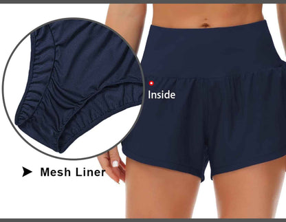Womens High Waisted Running Shorts Quick Dry Athletic Workout Shorts with Mesh Liner Zipper Pockets