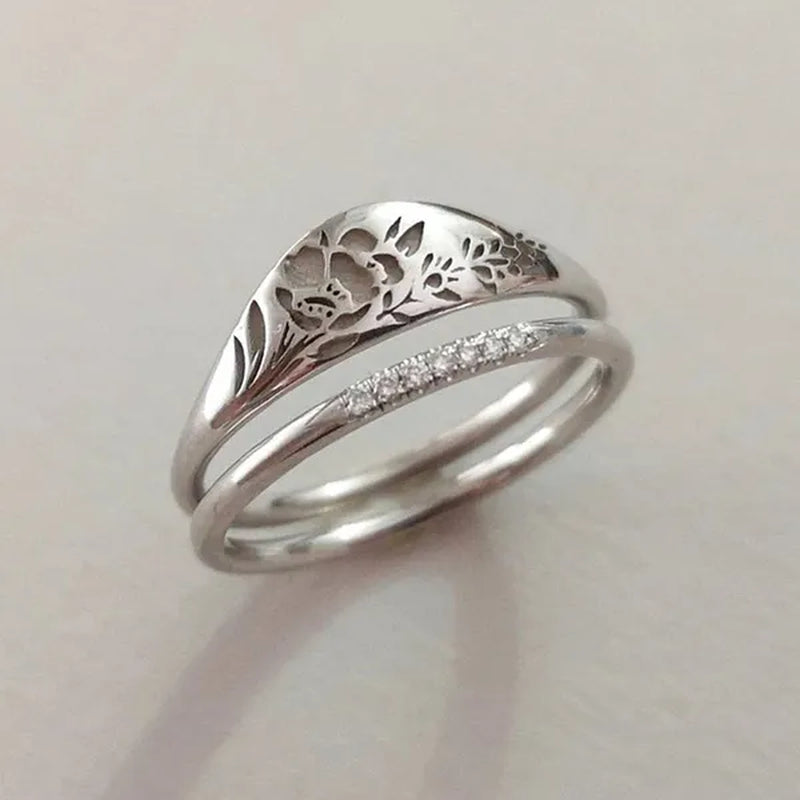 2Pcs/Set Women's Fashion Jewelry Exquisite 925 Sterling Silver Ring Personality Carved Rose Flower Stackable Diamond Wedding Rings Set Beautiful Princess Bride Proposal Engagement Cocktail Party Accessories Anniversary Gift Size US4-12 Bague Femme