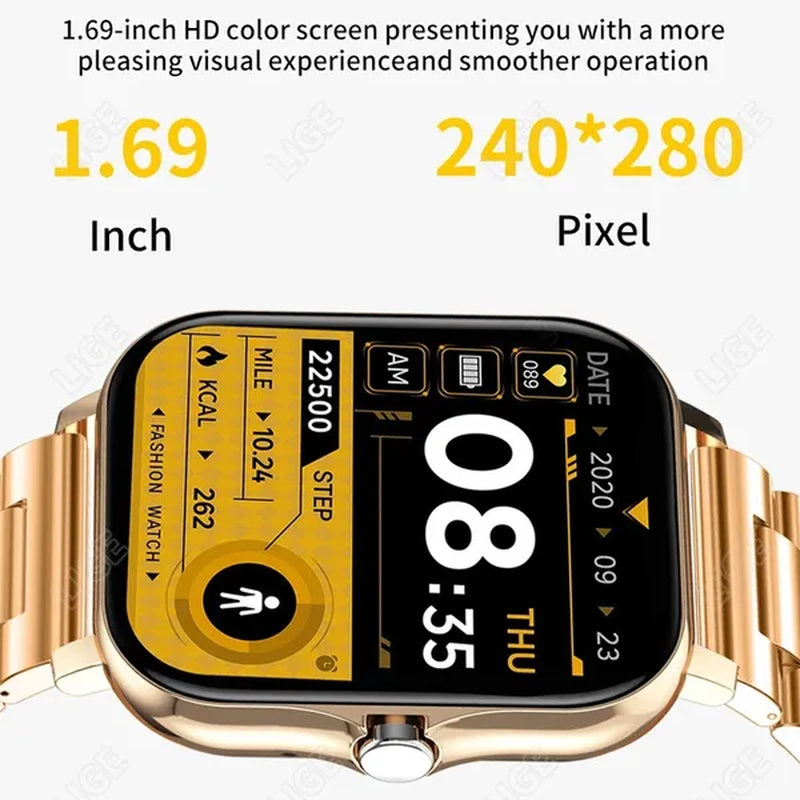 LIGE Smart Watch for Women and Men 1.69" Color Screen Full Touch Fitness Tracker Bluetooth Call Smart Clock Ladies Luxury Gold Smart Watch Relogio Smartwatch